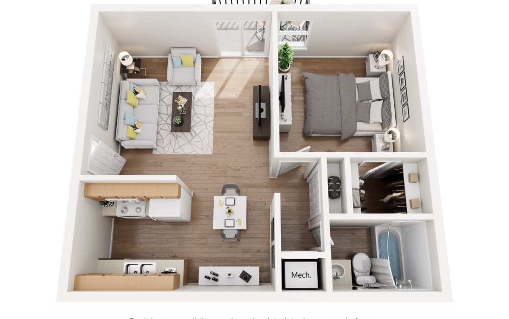 The Ridge - 1 bedroom floorplan layout with 1 bathroom and 650 square feet