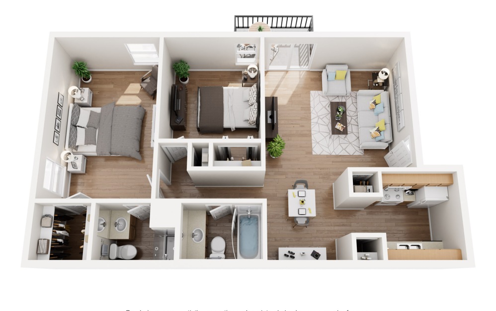 The Rushmore - 2 bedroom floorplan layout with 2 bathrooms and 1000 square feet