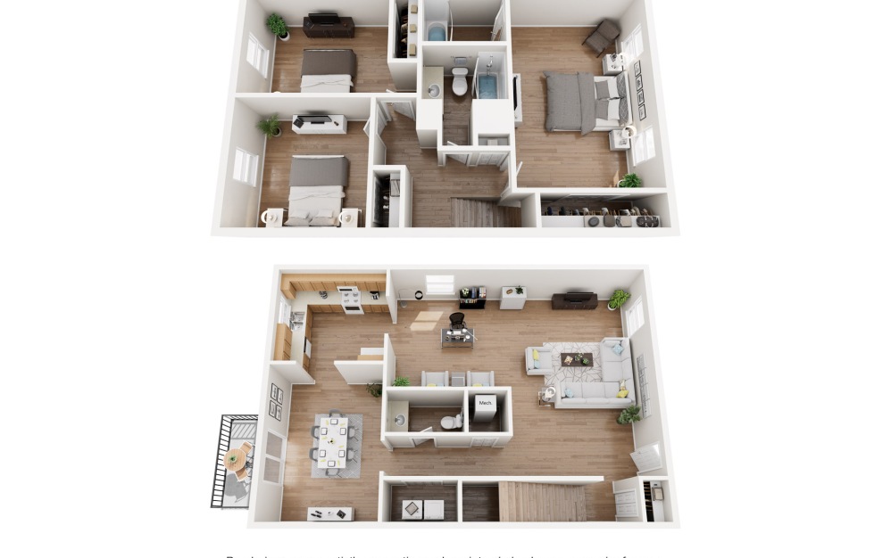 The Apex Townhome - 3 bedroom floorplan layout with 2.5 bathrooms and 1350 square feet